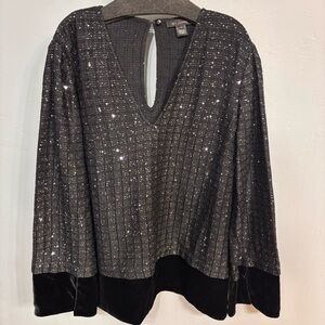 St. John Black Sequin Knit and Velvet Hem and Cuffs Tunic Top Sz M EUC